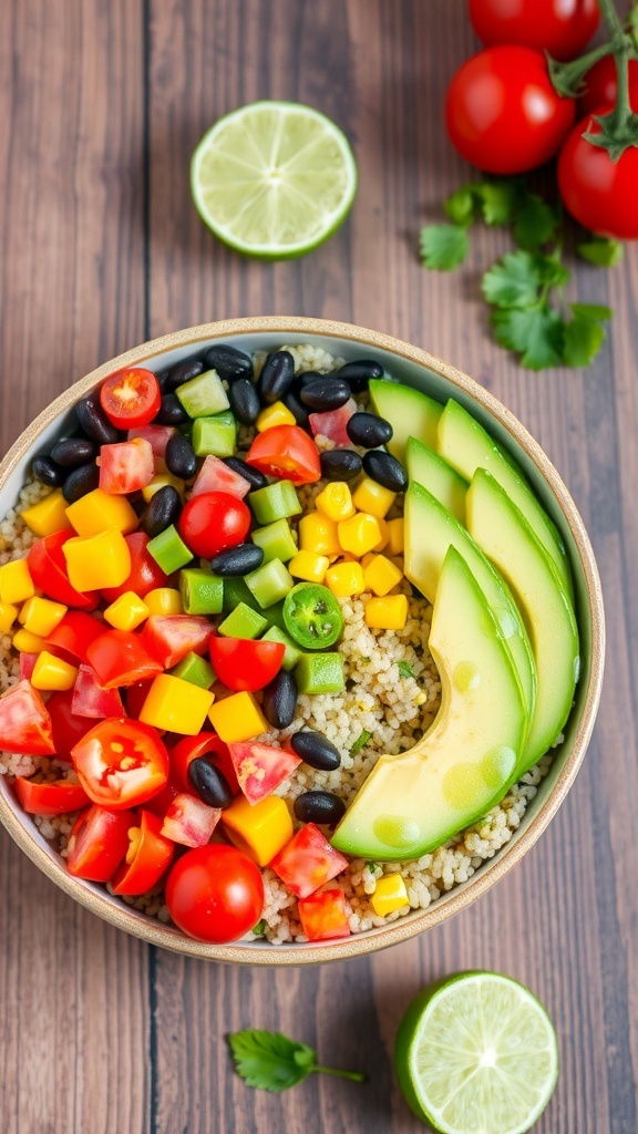 A colorful quinoa bowl with vegetables and avocado, garnished with cilantro and lime on a rustic table.